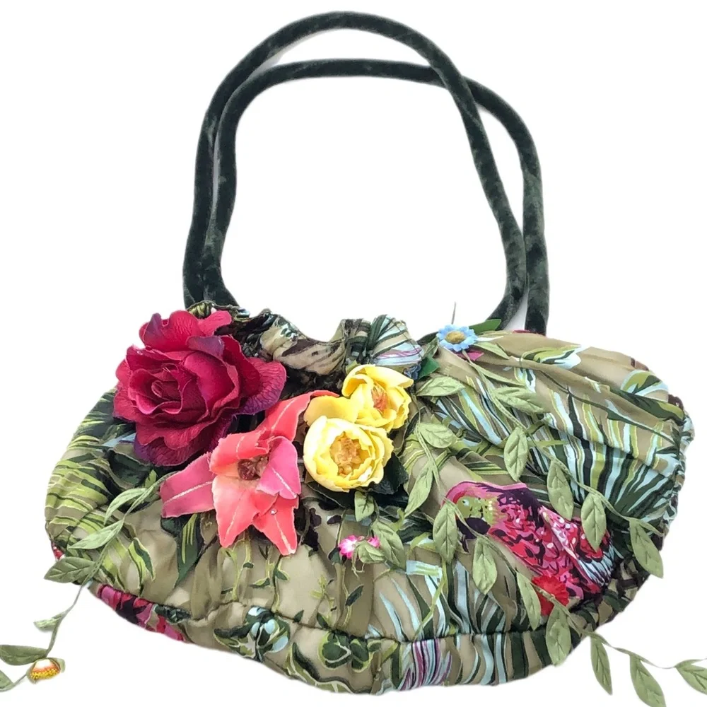 Mary Frances Green Tropical 3D Flower Velvet Vintage Handbag Shoulder Bag
